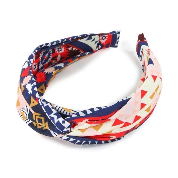70. Navy Blue Aztec Fabric Patterned Twisted Headband - Picture 1 of 2